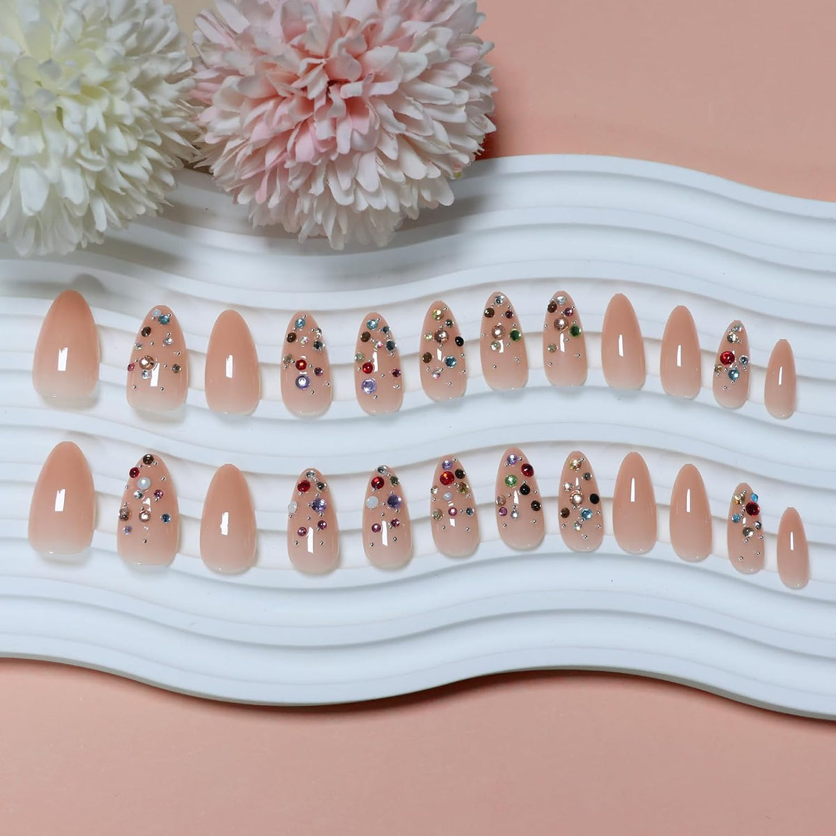 Almond Press-On Nails Set – 24 Pcs, Nude with Gem Accents