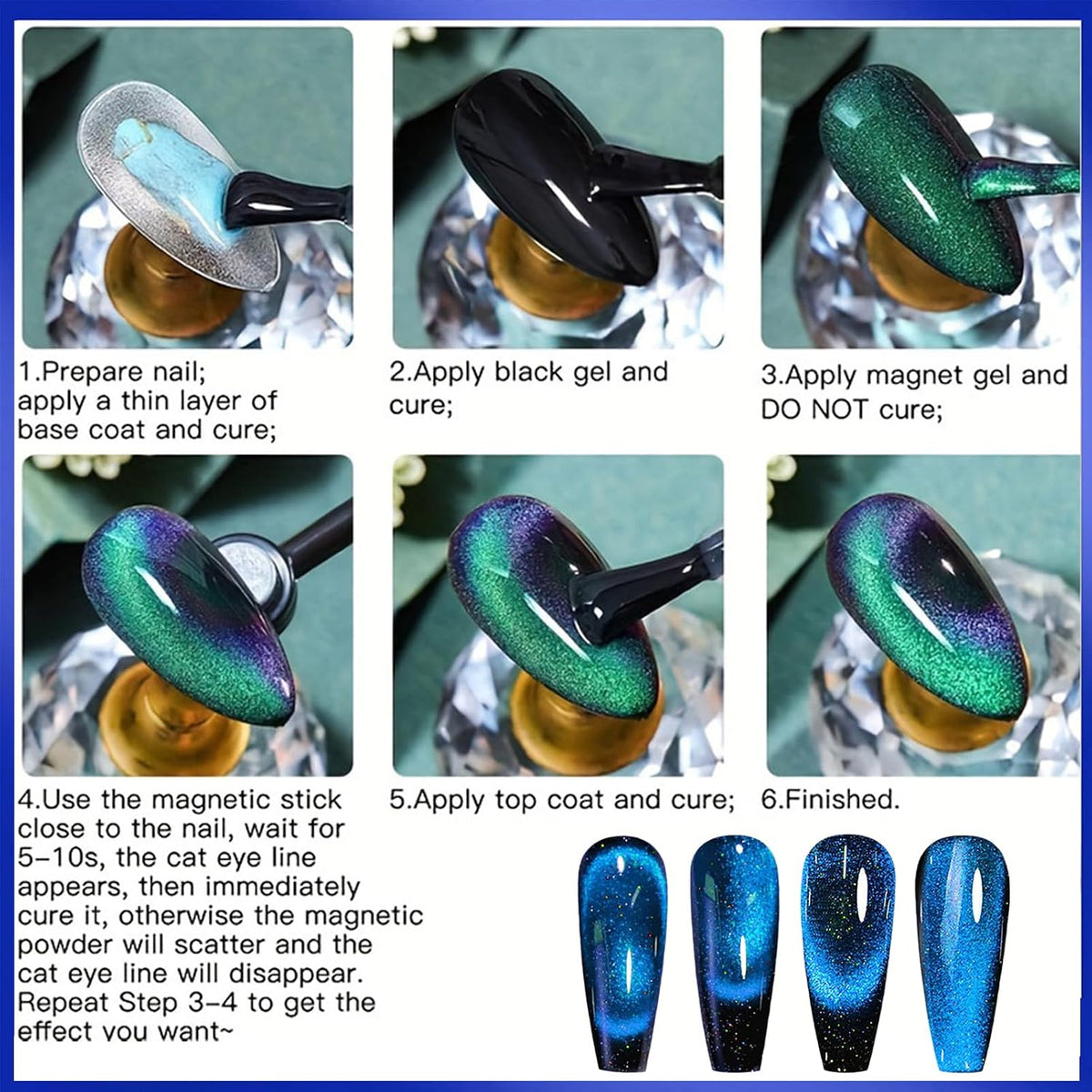 Blue Cat Eye Gel Nail Polish, 12D Magnetic Nail Polish with Magnet, 7.5ML Blue Glitter Gel Nailpolish Shimmery, Long Lasting Dark Magnetic Cateye Color
