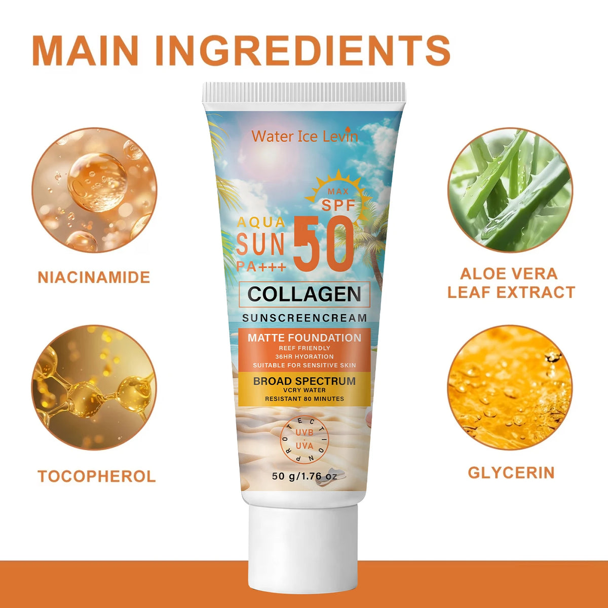 SPF50 PA+++ Sunscreen, 36HR Hydrating Water Resistant Collagen
