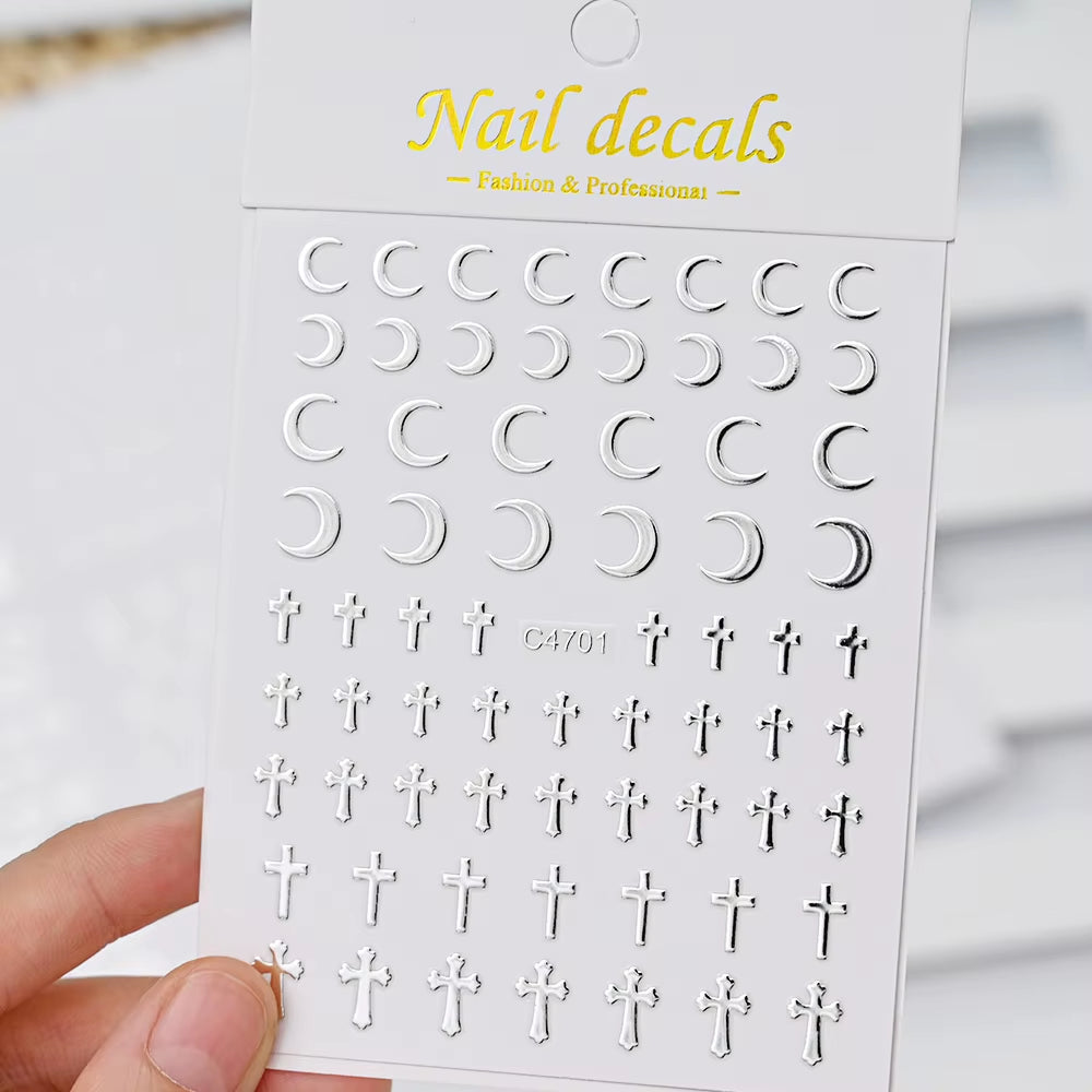 Metallic Silver Nail Stickers – 6 Sheets, Stars and Hearts