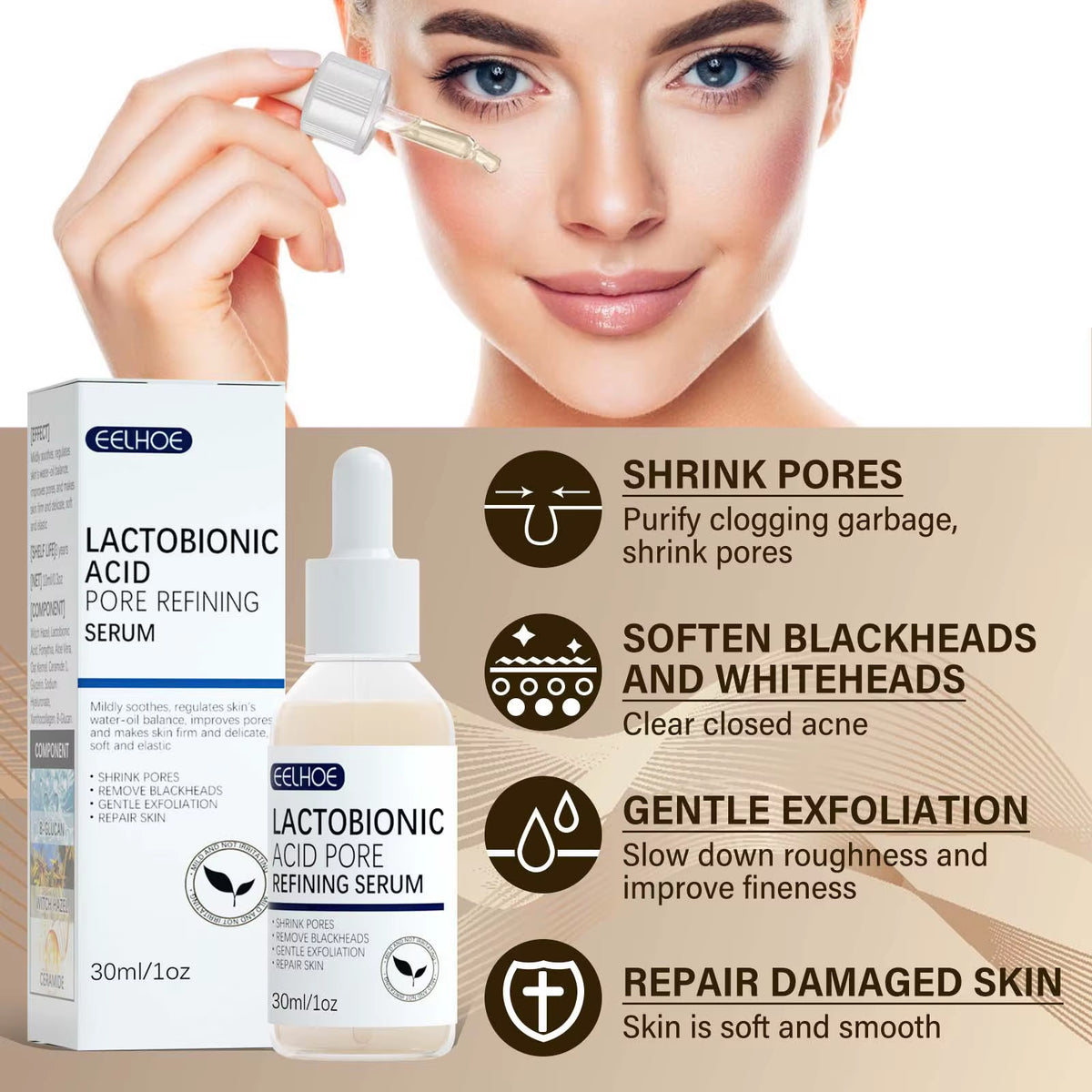 Lactobionic Acid Pore Shrink Face Serum Skin Repair Remove Blackheads Acne Skin Care Lasting Moisturizing Korean Cosmetic