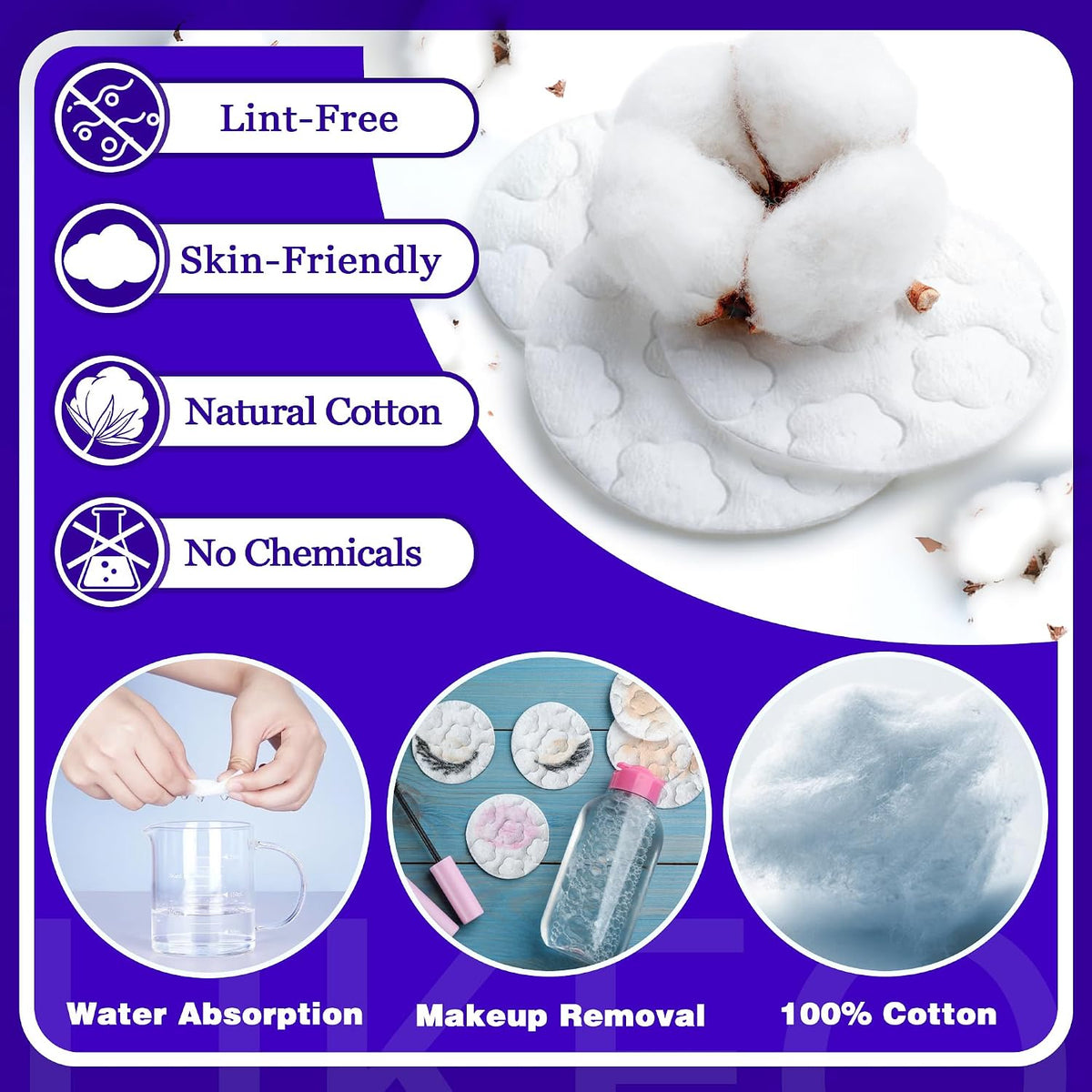 Round Cotton Pads – 300 Count, Soft Facial Cotton Rounds for Makeup Removal