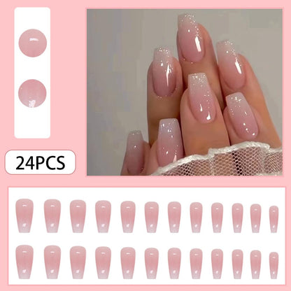 Coffin Press-On Nails Set – 24 Pcs, Pink Ombre with Gloss Finish