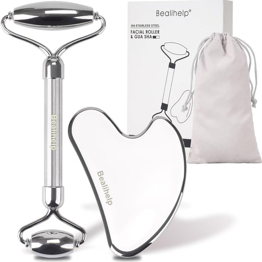 Stainless Steel Face Roller & Gua Sha Tool – Metal Facial Massager Set