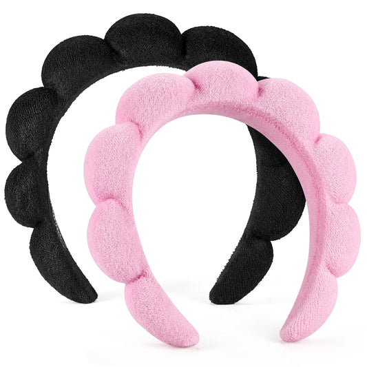 Puffy Spa Headbands – 2 Pack, Black and Pink Terry Cloth Face Wash Headbands