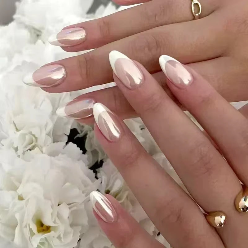 24Pcs Short Almond Press on Nails French Tips Press on Nails False Nails Simple Rose Full Cover Wearable Fake Nail Tips Art
