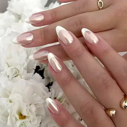 24Pcs Short Almond Press on Nails French Tips Press on Nails False Nails Simple Rose Full Cover Wearable Fake Nail Tips Art