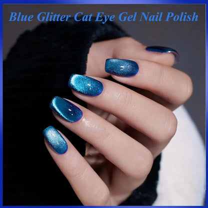 Blue Cat Eye Gel Nail Polish, 12D Magnetic Nail Polish with Magnet, 7.5ML Blue Glitter Gel Nailpolish Shimmery, Long Lasting Dark Magnetic Cateye Color