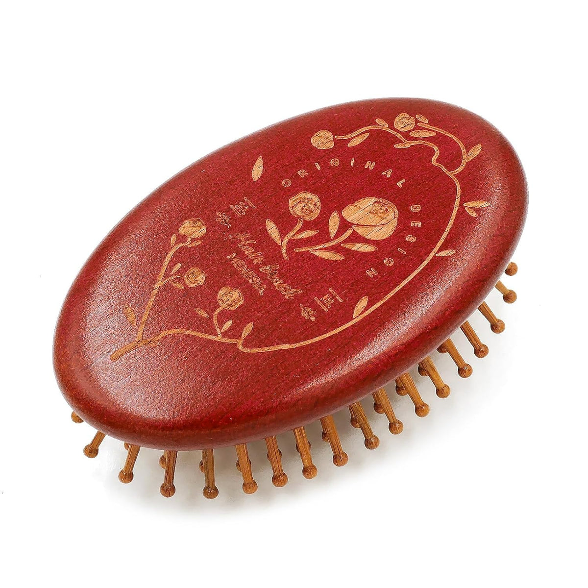 Bamboo Detangling Hair Brush – Travel Size Wooden Brush with Rose Print