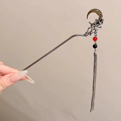 Fashion Black Crystal Moon Tassel Hair Stick for Women Girl Retro Metal Flower Hanfu Hair Stick Hairpin Hair Accessories