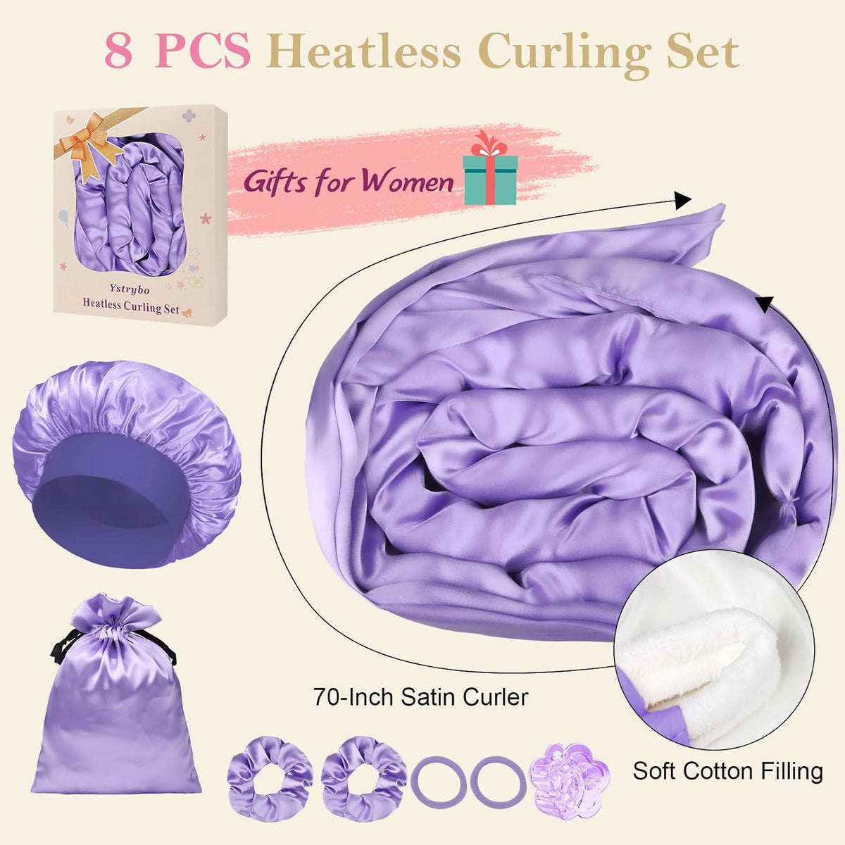 Satin Heatless Hair Curler Set – 8 Pcs Overnight Curling Headband
