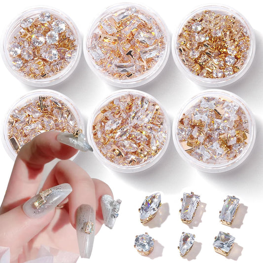 WOKOTO 6 Box Assorted Shapes Nail Art Rhinestones Gold Nail Charms for Women Acrylic Nails Jewelry Luxury 120pcs 3D Nail Art Zircon Metal Gem Transparent Nail Art Crystal Diamonds for Nail Art