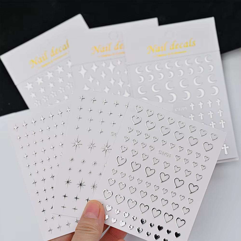 Metallic Silver Nail Stickers – 6 Sheets, Stars and Hearts