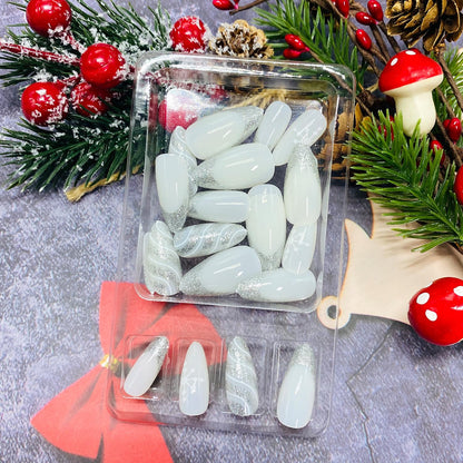 Christmas Silver Glitter Press-On Nails Set – Medium Almond, Snowflake French Tip