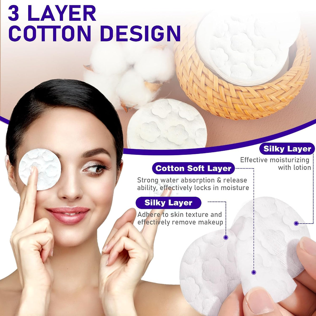 Round Cotton Pads – 300 Count, Soft Facial Cotton Rounds for Makeup Removal