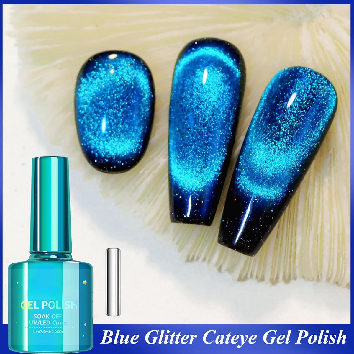 Blue Cat Eye Gel Nail Polish, 12D Magnetic Nail Polish with Magnet, 7.5ML Blue Glitter Gel Nailpolish Shimmery, Long Lasting Dark Magnetic Cateye Color
