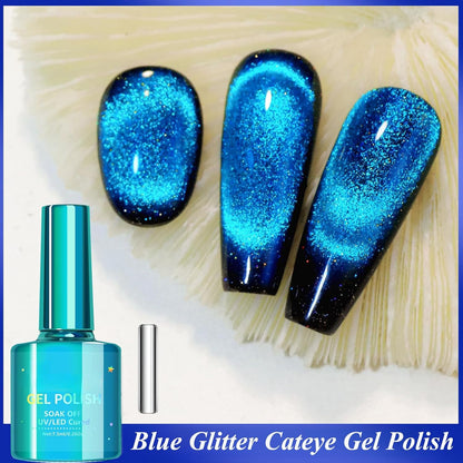 Blue Cat Eye Gel Nail Polish, 12D Magnetic Nail Polish with Magnet, 7.5ML Blue Glitter Gel Nailpolish Shimmery, Long Lasting Dark Magnetic Cateye Color