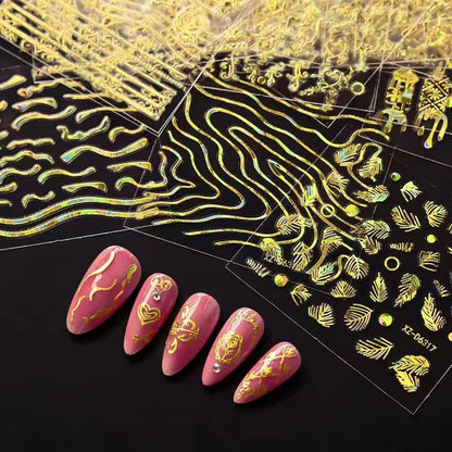30 Sheets Gold Line Nail Art Stickers Gold Leaf Flower Nail Decals 3D Self-Adhesive Nail Art Supplies Charms for Nails Art Manicure Tips Decoration