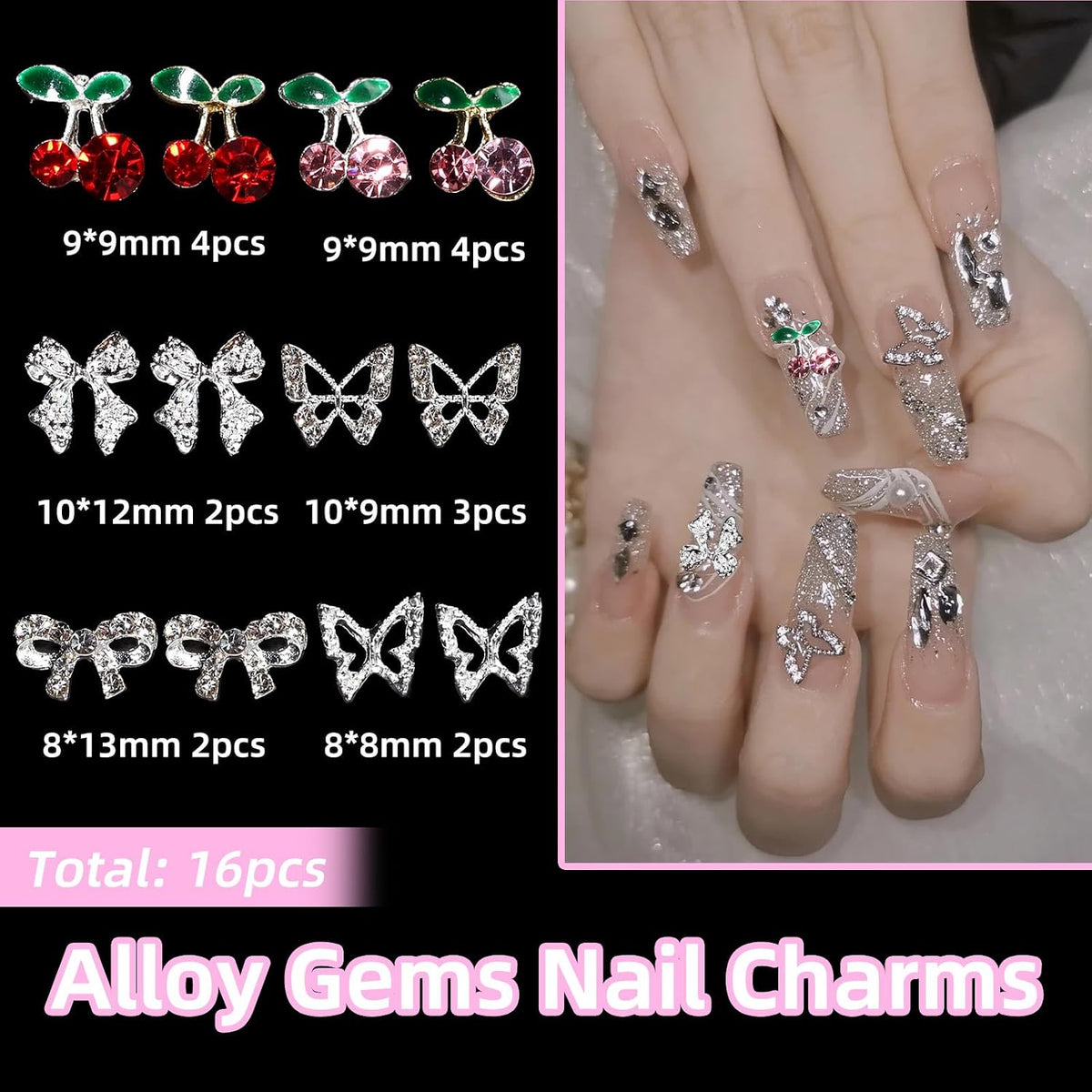 3D Bow Nail Charms Kit – Pearls, Flowers, Butterflies and Cherries, Mixed Colors