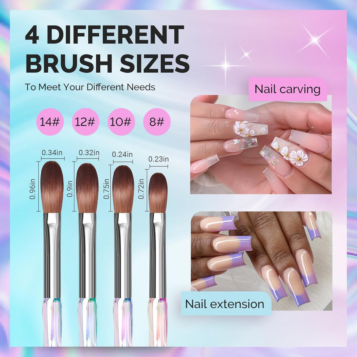 Acrylic Nail Brush Set, 4 Pieces, Sizes 8-14
