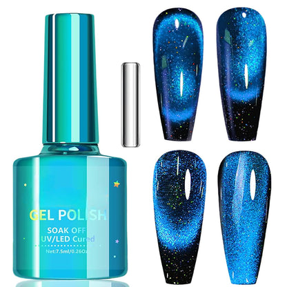 Blue Cat Eye Gel Nail Polish, 12D Magnetic Nail Polish with Magnet, 7.5ML Blue Glitter Gel Nailpolish Shimmery, Long Lasting Dark Magnetic Cateye Color