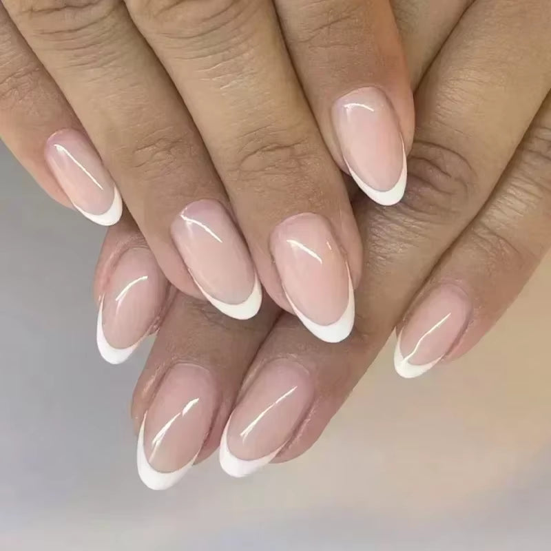 24Pcs Short Almond Press on Nails French Tips Press on Nails False Nails Simple Rose Full Cover Wearable Fake Nail Tips Art