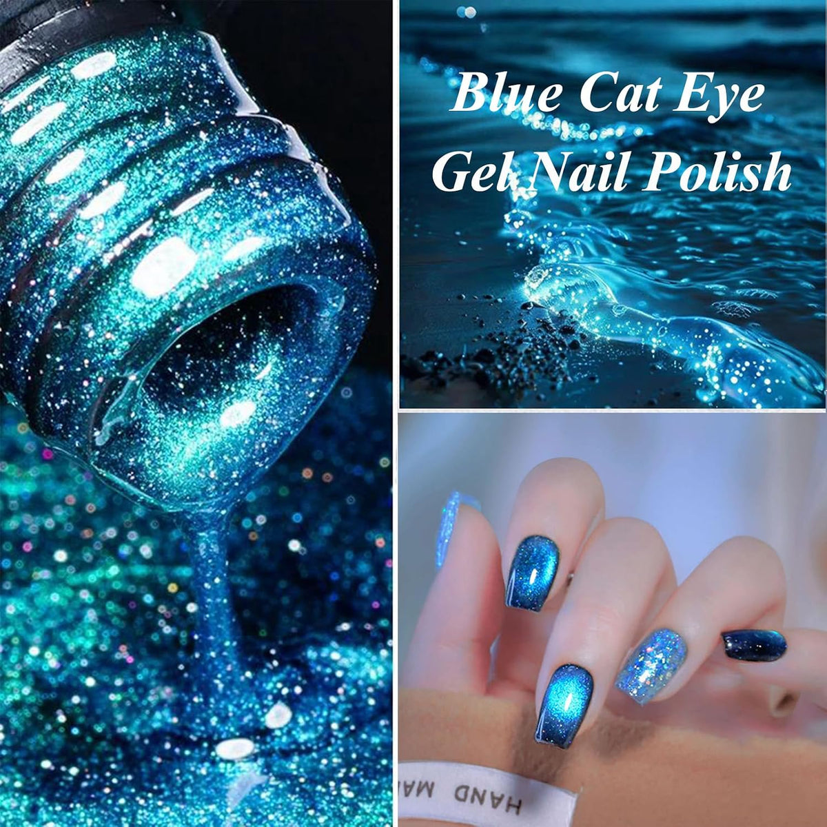 Blue Cat Eye Gel Nail Polish, 12D Magnetic Nail Polish with Magnet, 7.5ML Blue Glitter Gel Nailpolish Shimmery, Long Lasting Dark Magnetic Cateye Color