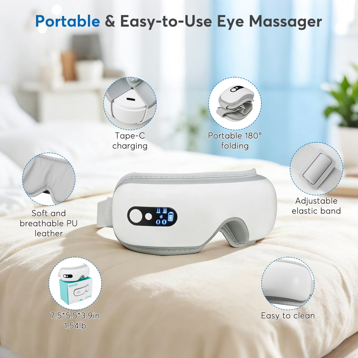 Eye Massager with Heat, Heated Massage Eye Mask with Bluetooth Music | Vibration Massage for Eye Strain, Dry Eyes & Head Tension, Gifts for Women and Men