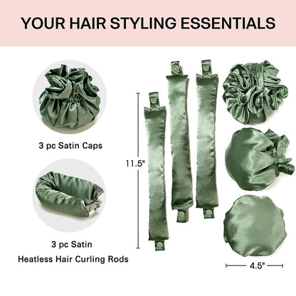 Satin Heatless Curlers Set – Olive Green Curling Rods with Hair Caps and Scrunchies