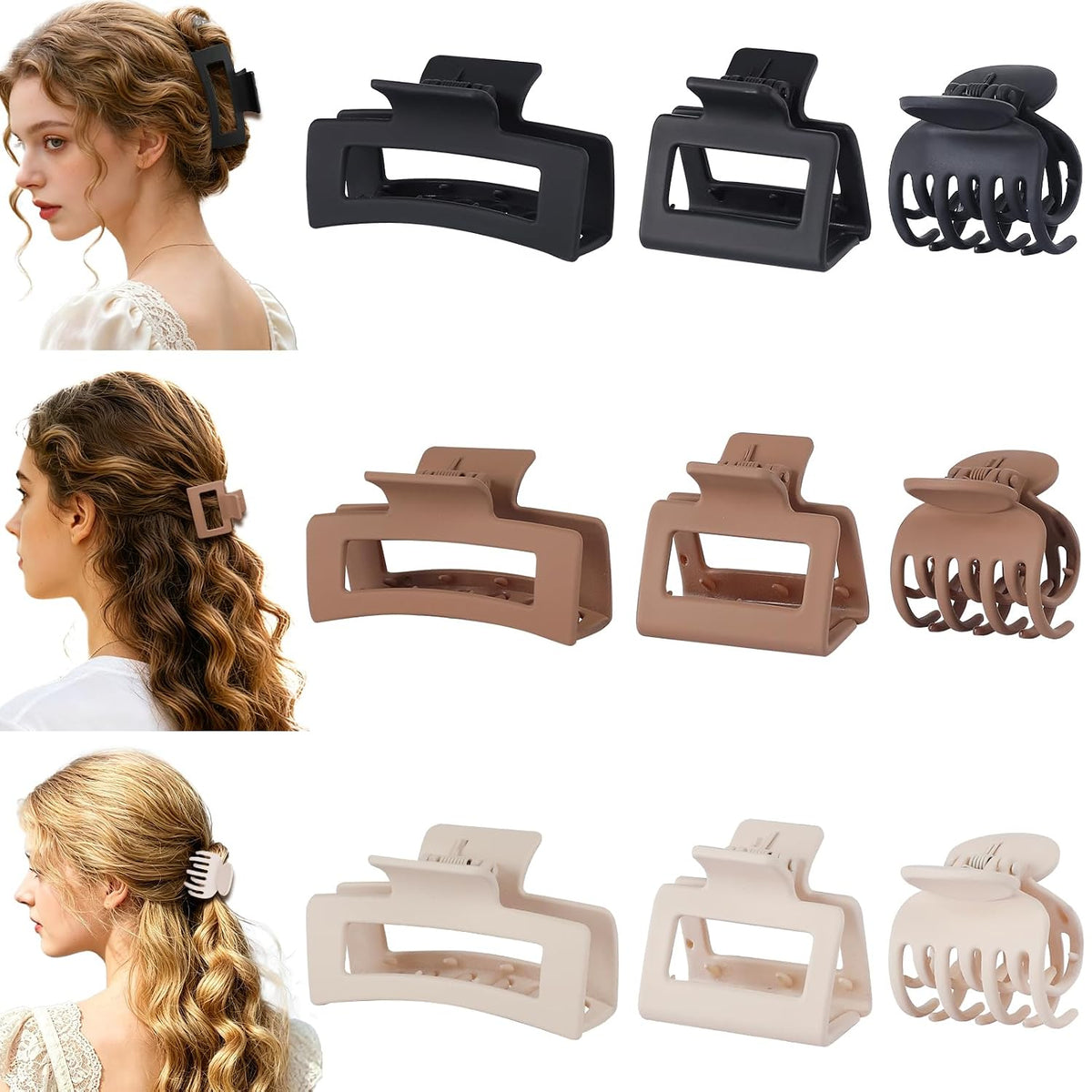 Matte Claw Hair Clips – 9 Pcs, 3 Styles, Brown Neutrals