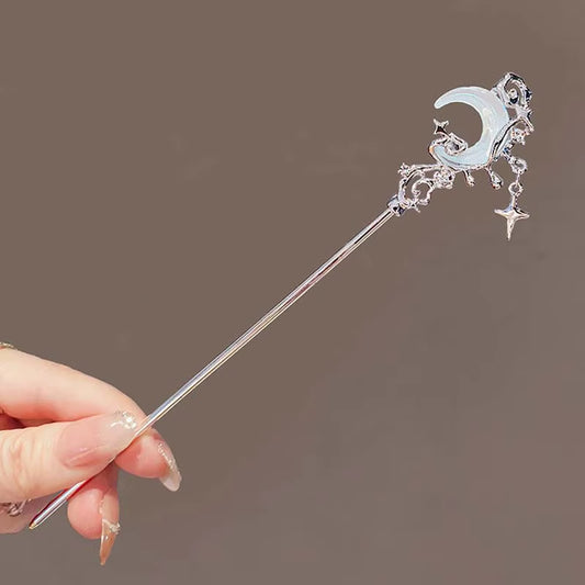 Fashion Black Crystal Moon Tassel Hair Stick for Women Girl Retro Metal Flower Hanfu Hair Stick Hairpin Hair Accessories