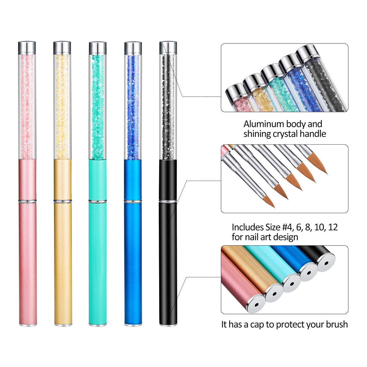 Acrylic Nail Art Brush Set – 5 Pieces, Sizes 4, 6, 8, 10 and 12, Crystal Handles