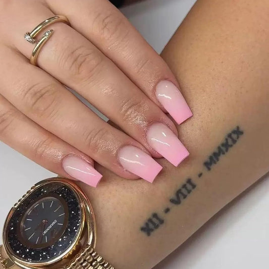 24-Piece Ombre Pink Glossy Press-On Nails – Short Coffin Reusable Fake Nail Set