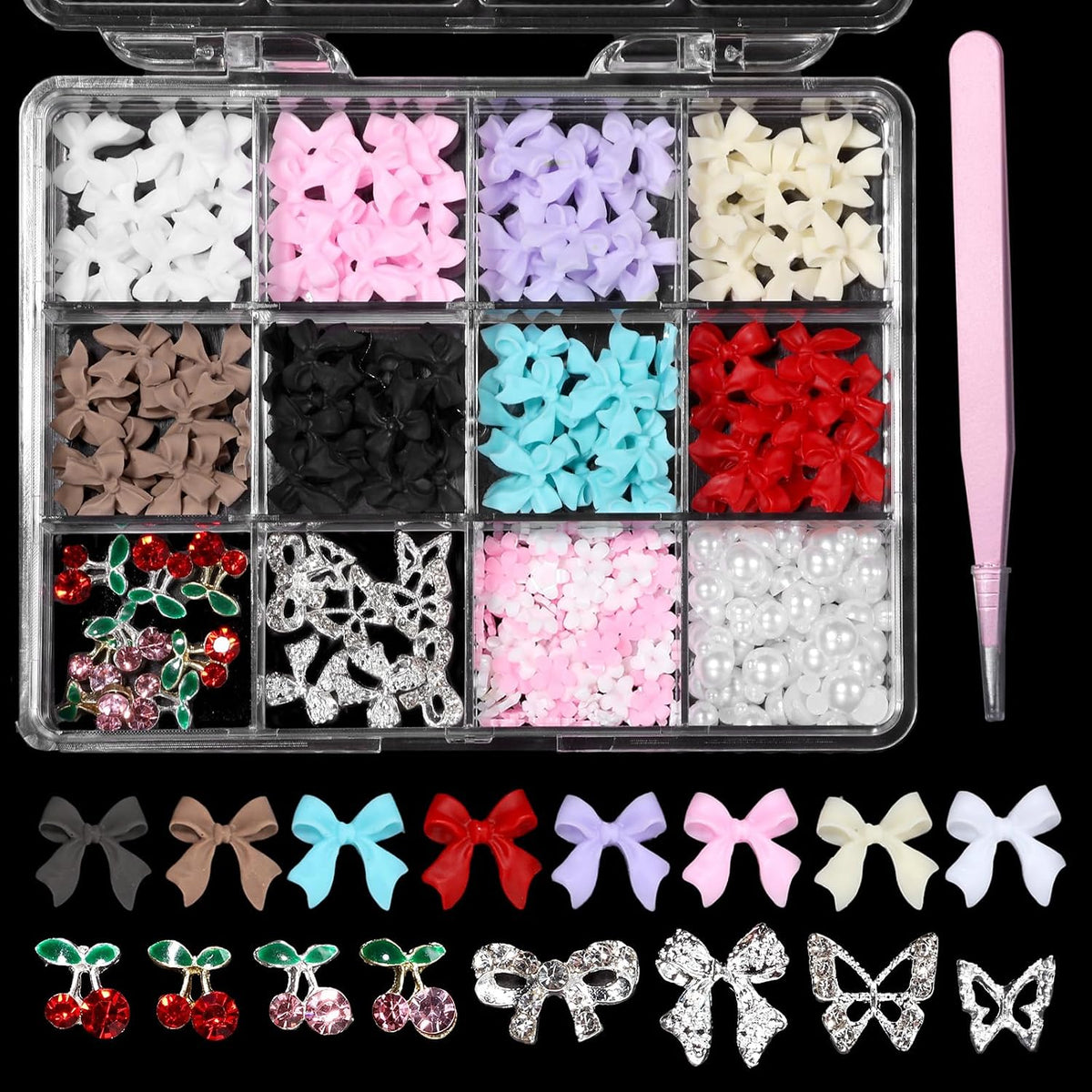 3D Bow Nail Charms Kit – Pearls, Flowers, Butterflies and Cherries, Mixed Colors