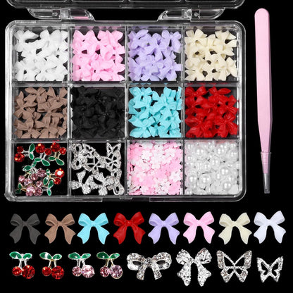 3D Bow Nail Charms Kit – Pearls, Flowers, Butterflies and Cherries, Mixed Colors