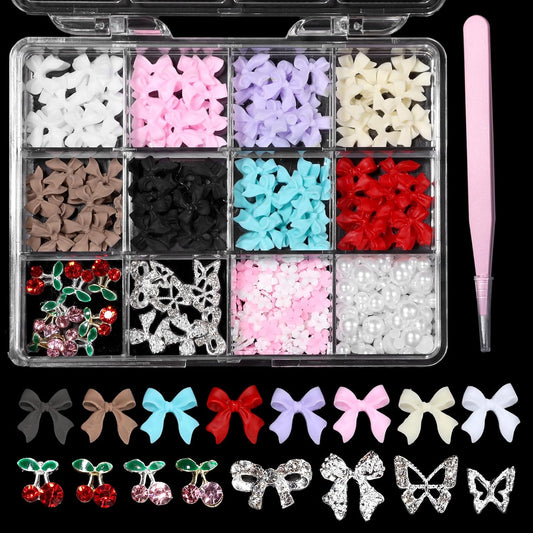 3D Bow Nail Charms Kit – Pearls, Flowers, Butterflies and Cherries, Mixed Colors