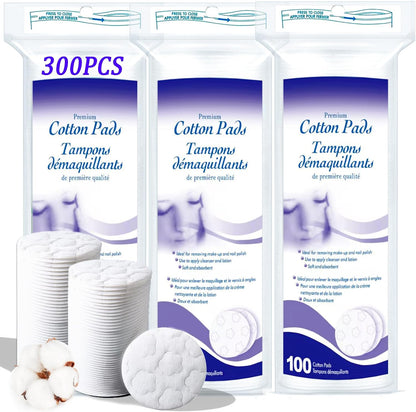 Round Cotton Pads – 300 Count, Soft Facial Cotton Rounds for Makeup Removal