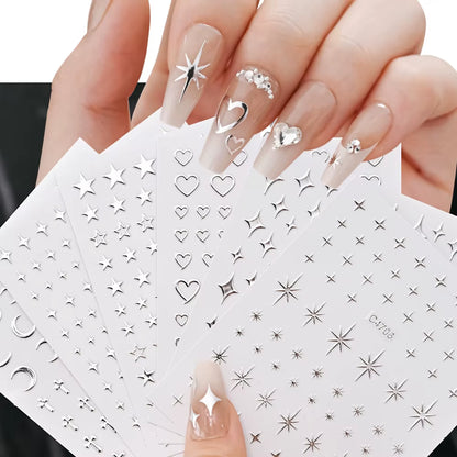 Metallic Silver Nail Stickers – 6 Sheets, Stars and Hearts
