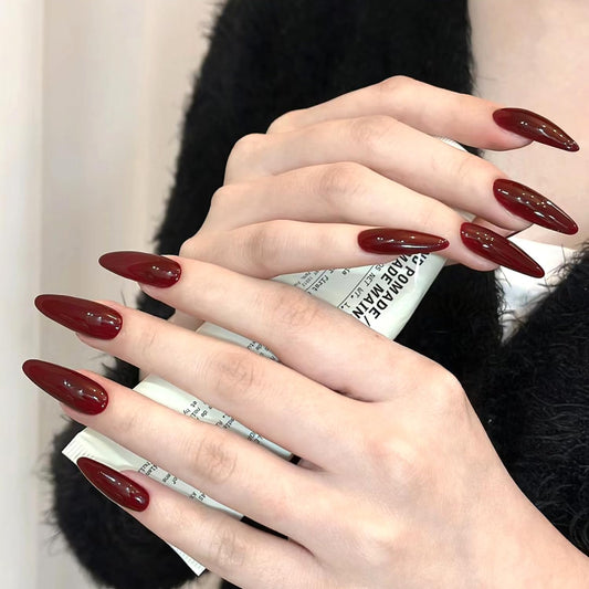 Red Press-On Nails Set – Medium Almond, Glossy Solid Color