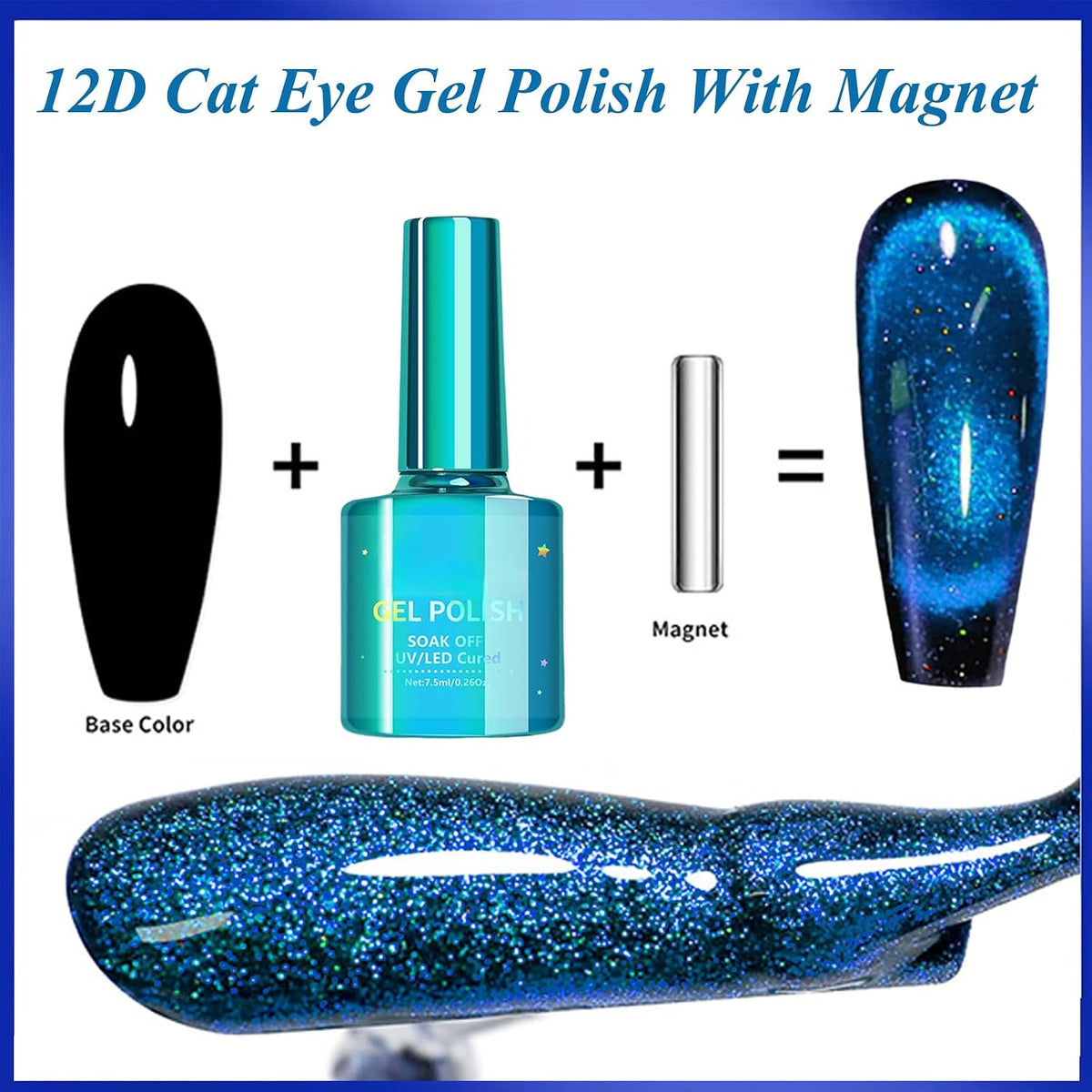 Blue Cat Eye Gel Nail Polish, 12D Magnetic Nail Polish with Magnet, 7.5ML Blue Glitter Gel Nailpolish Shimmery, Long Lasting Dark Magnetic Cateye Color