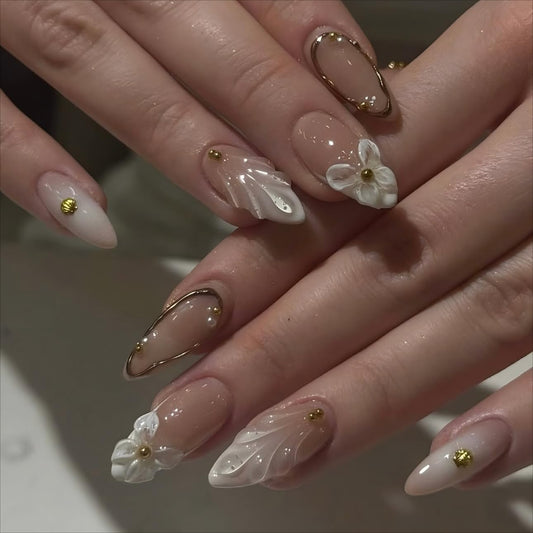 24-Piece Almond Marble Press-On Nails – Long Reusable Fake Nail Set