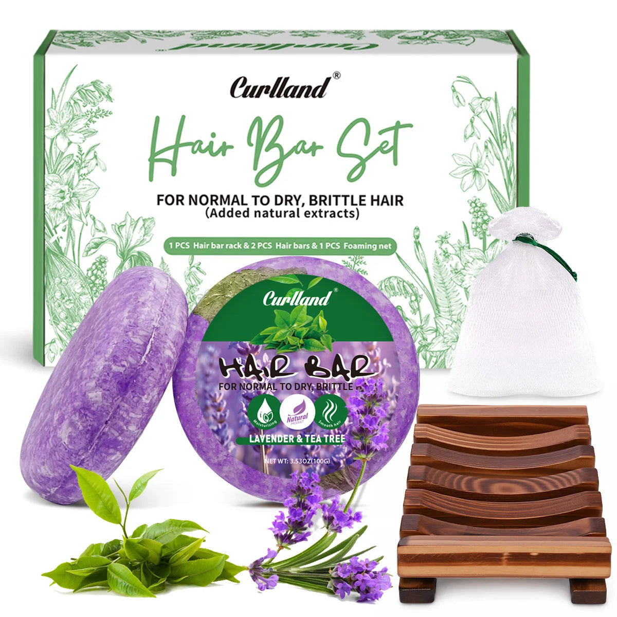 Curlland Hair Bar Set, Lavender Tea Scent Solid Shampoo for Dry