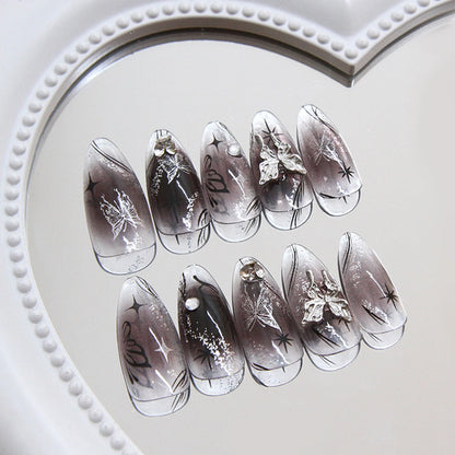 Long Stiletto Black & Silver Bow Press-On Nails