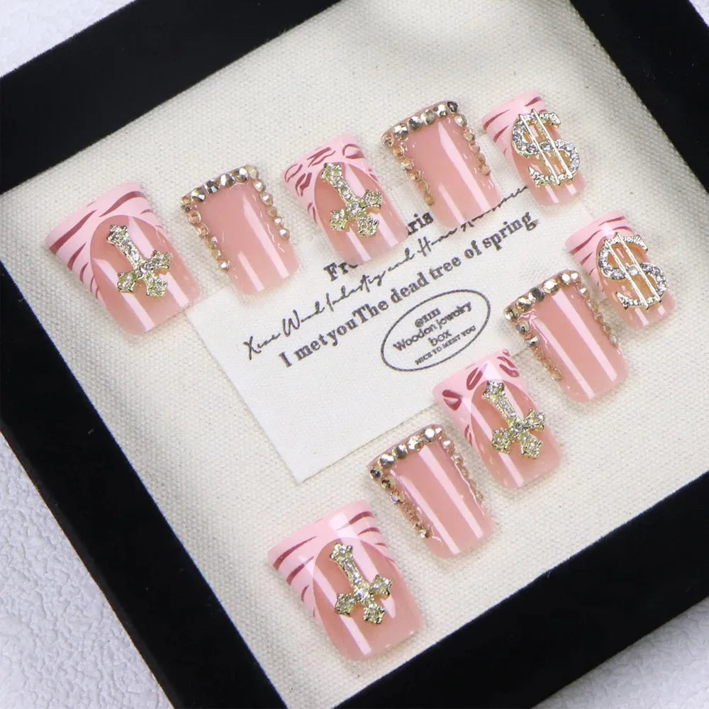 Nude French Pointed Press-On Nails with Diamonds