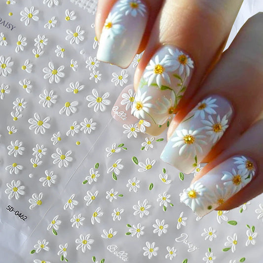 White Daisy Embossed Nail Art Stickers