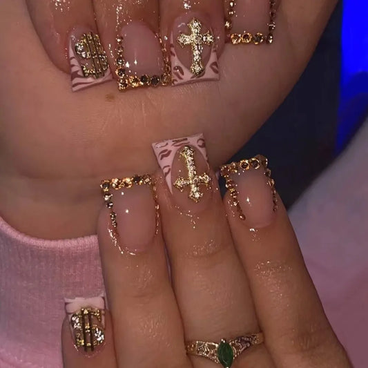 Nude French Pointed Press-On Nails with Diamonds