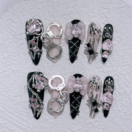 Long Stiletto Blue Heart & Bow Press-On Nails