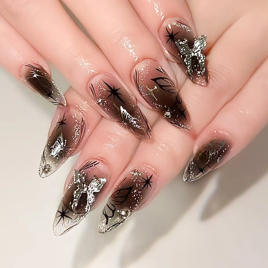Long Stiletto Black & Silver Bow Press-On Nails