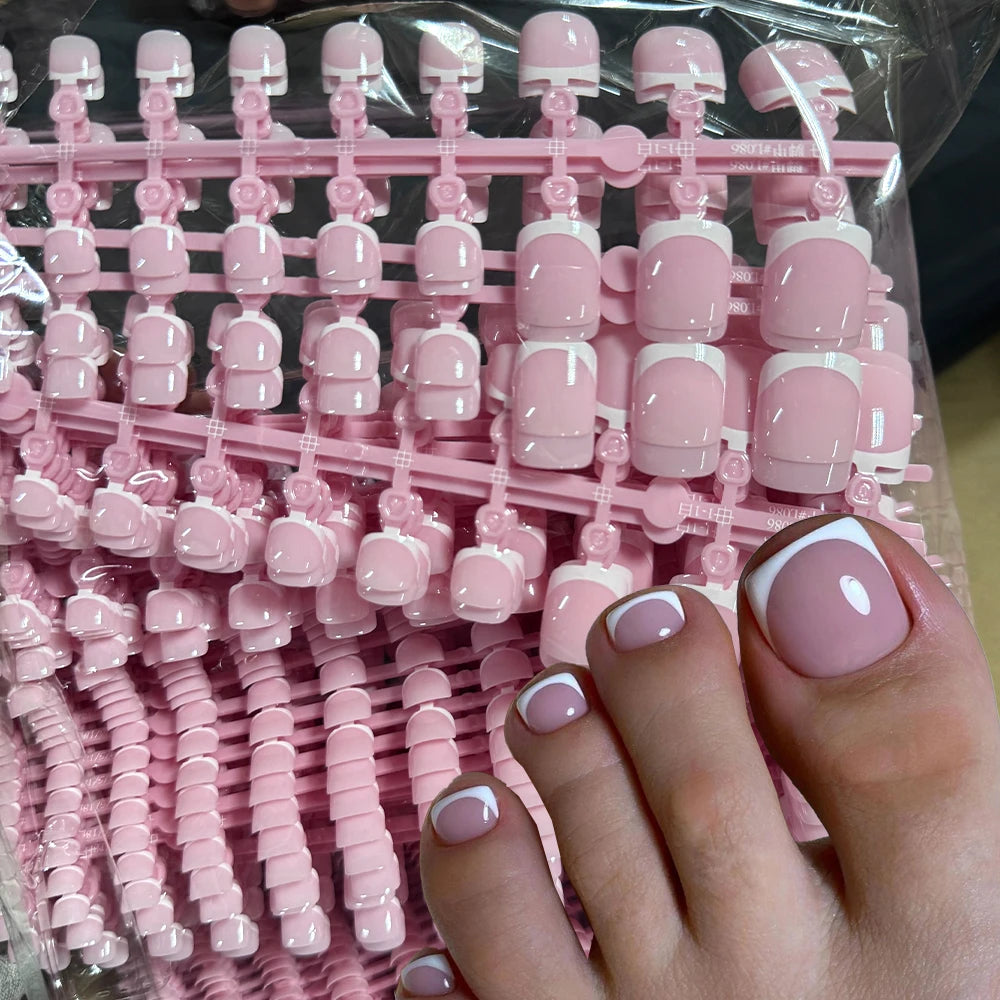 Short Square French Pink Press-On Toenails