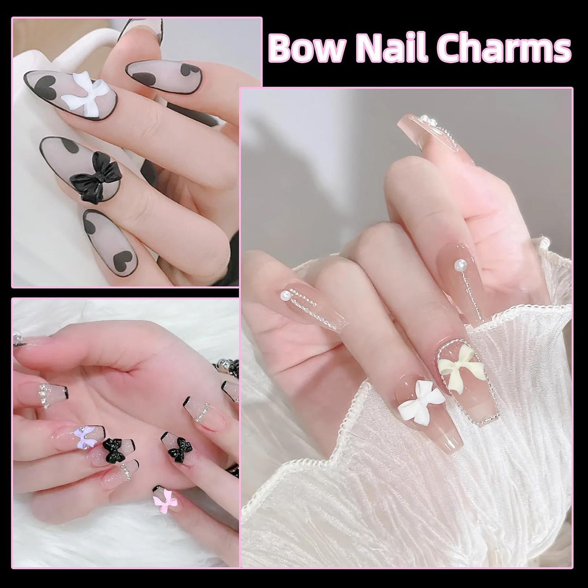 3D Bow Nail Charms Kit – Pearls, Flowers, Butterflies and Cherries, Mixed Colors